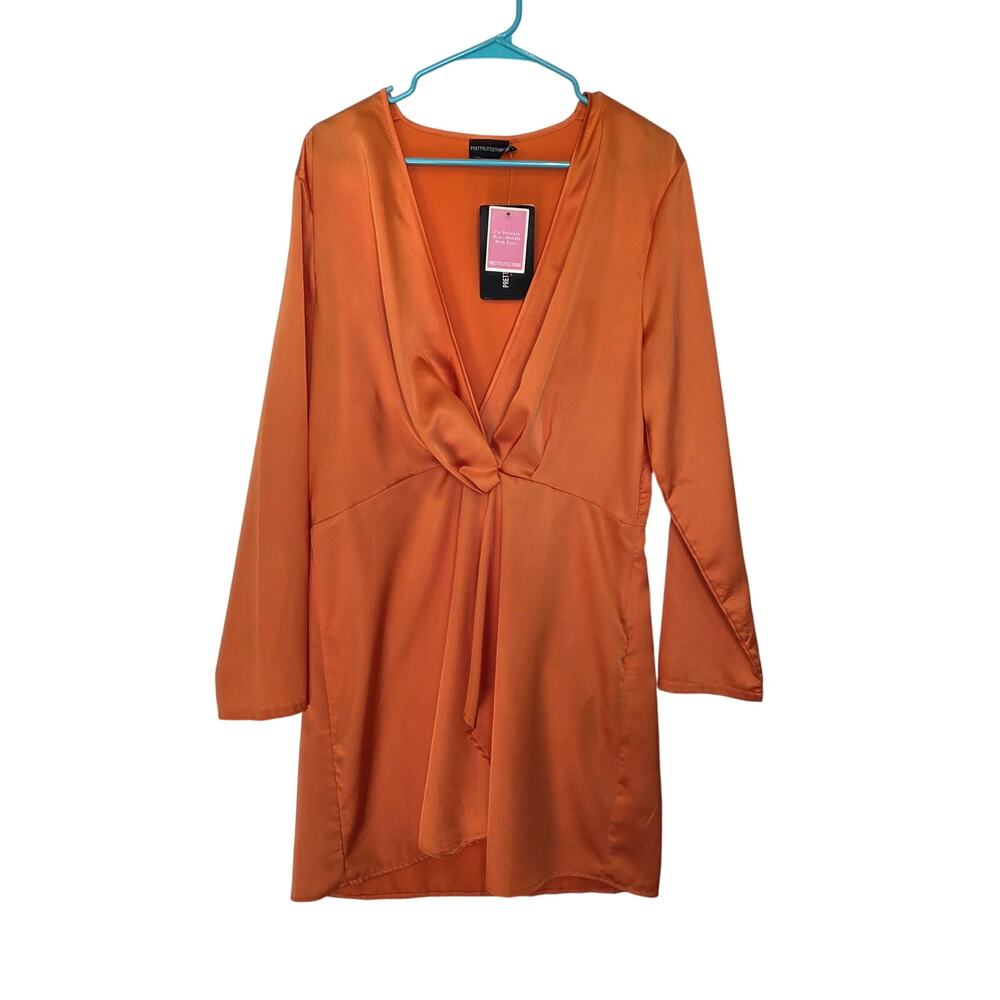 Pretty Little Thing Orange Satin Twist Front Long Sleeve Mini Wrap Dress Large